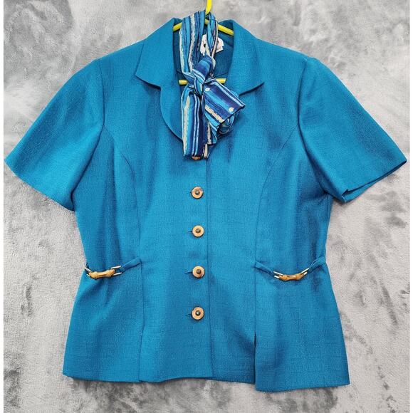 Vintage Leslie Fay Short Sleeve Blazer Striped Pleated Skirt Set Size 12 Blue - Picture 2 of 16